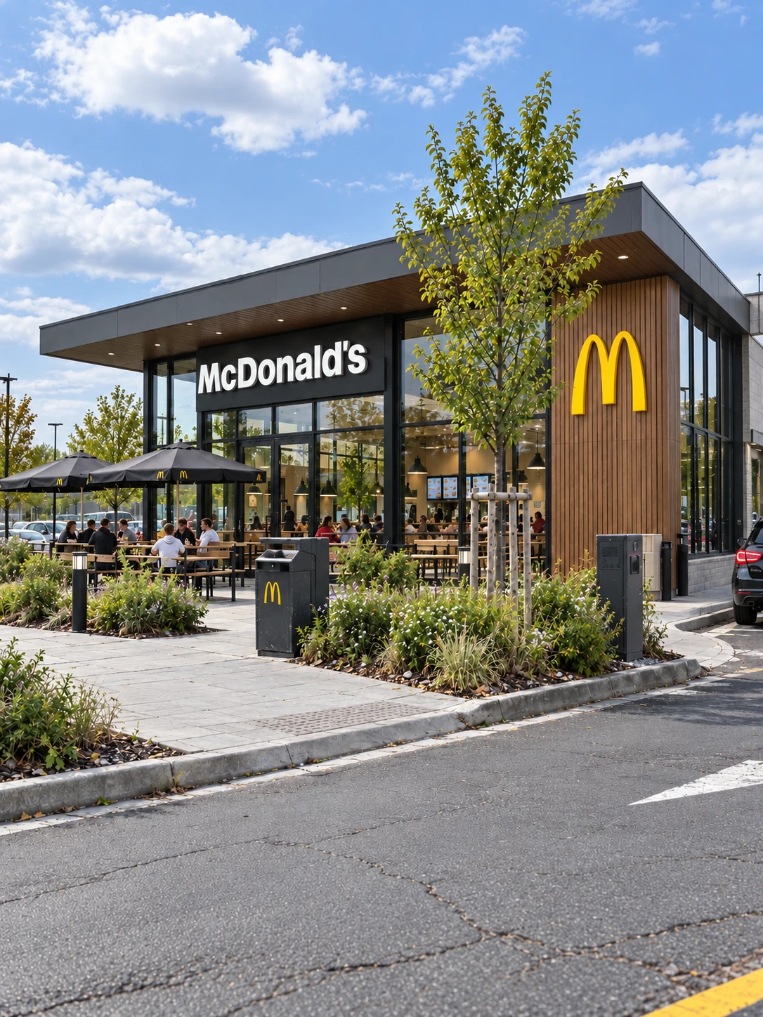 Aussenvisualisierung einer modernen McDonald's Filiale bei Tageslicht