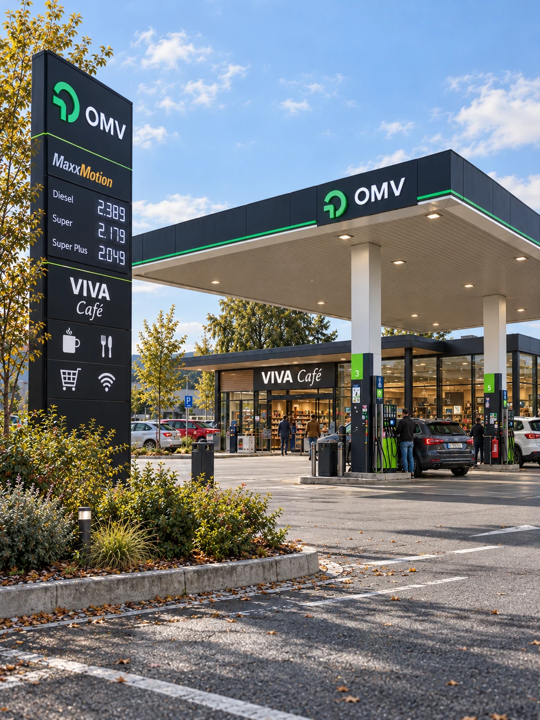 Architekturaufnahme einer modernen OMV Tankstelle mit VIVA Café und Shop