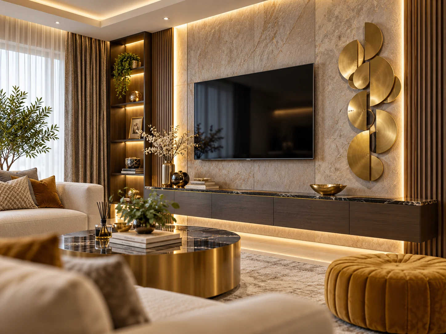 Architektonisches Interieur mit Holzlamellen und Designleuchte