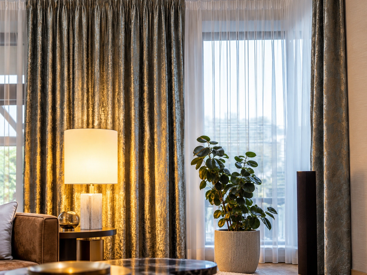 Eleganter Wohnbereich mit Vorhängen, Designleuchte und Zimmerpflanze
