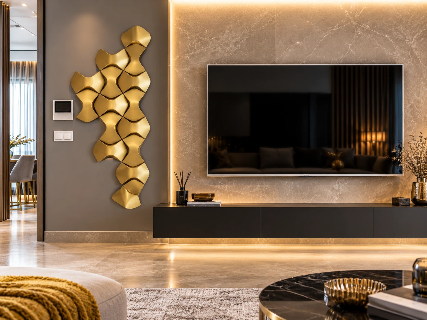 Exklusive TV-Wand mit Naturstein und skulpturaler Golddekoration