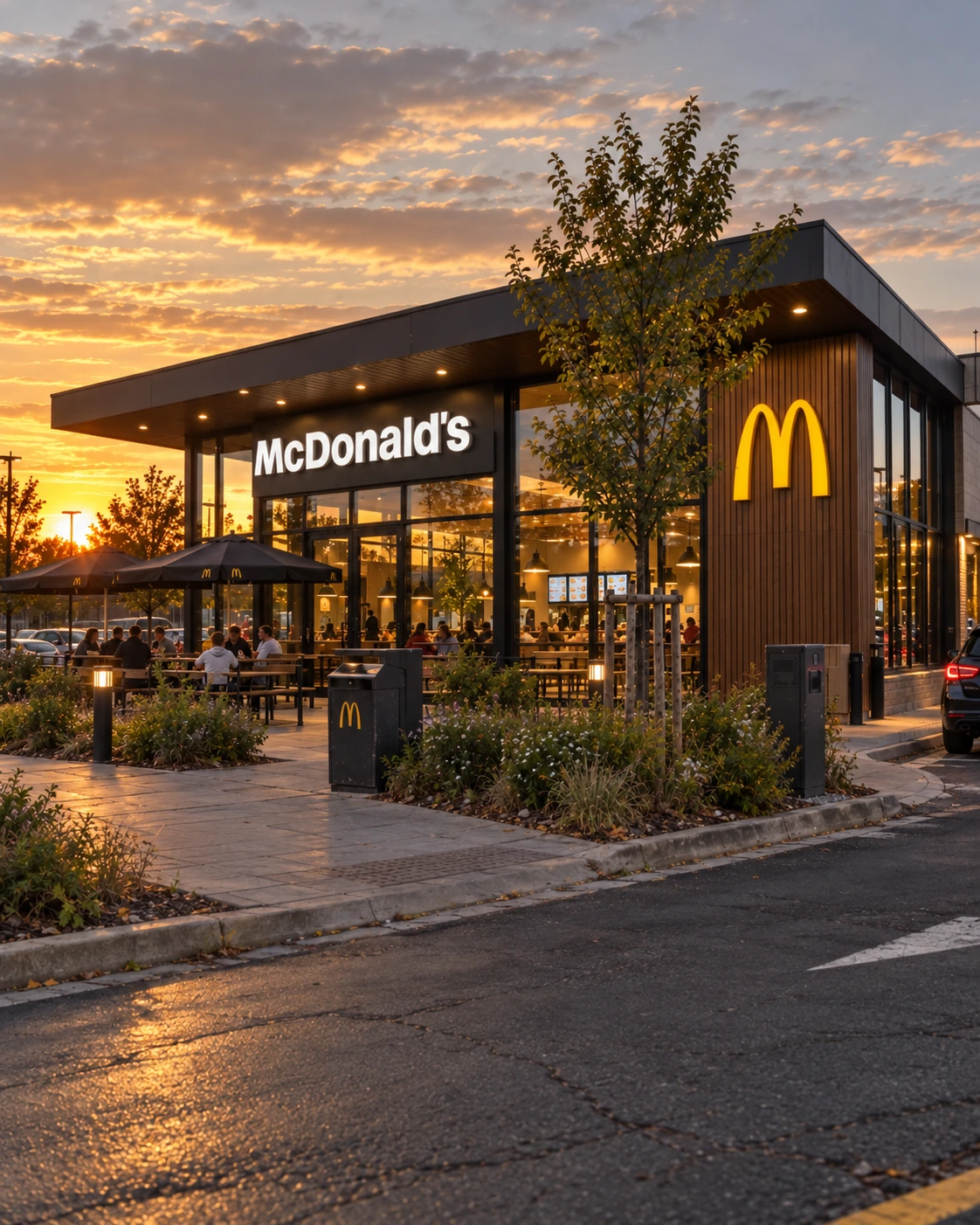 Architekturaufnahme einer modernen McDonald's Filiale bei Abendlicht