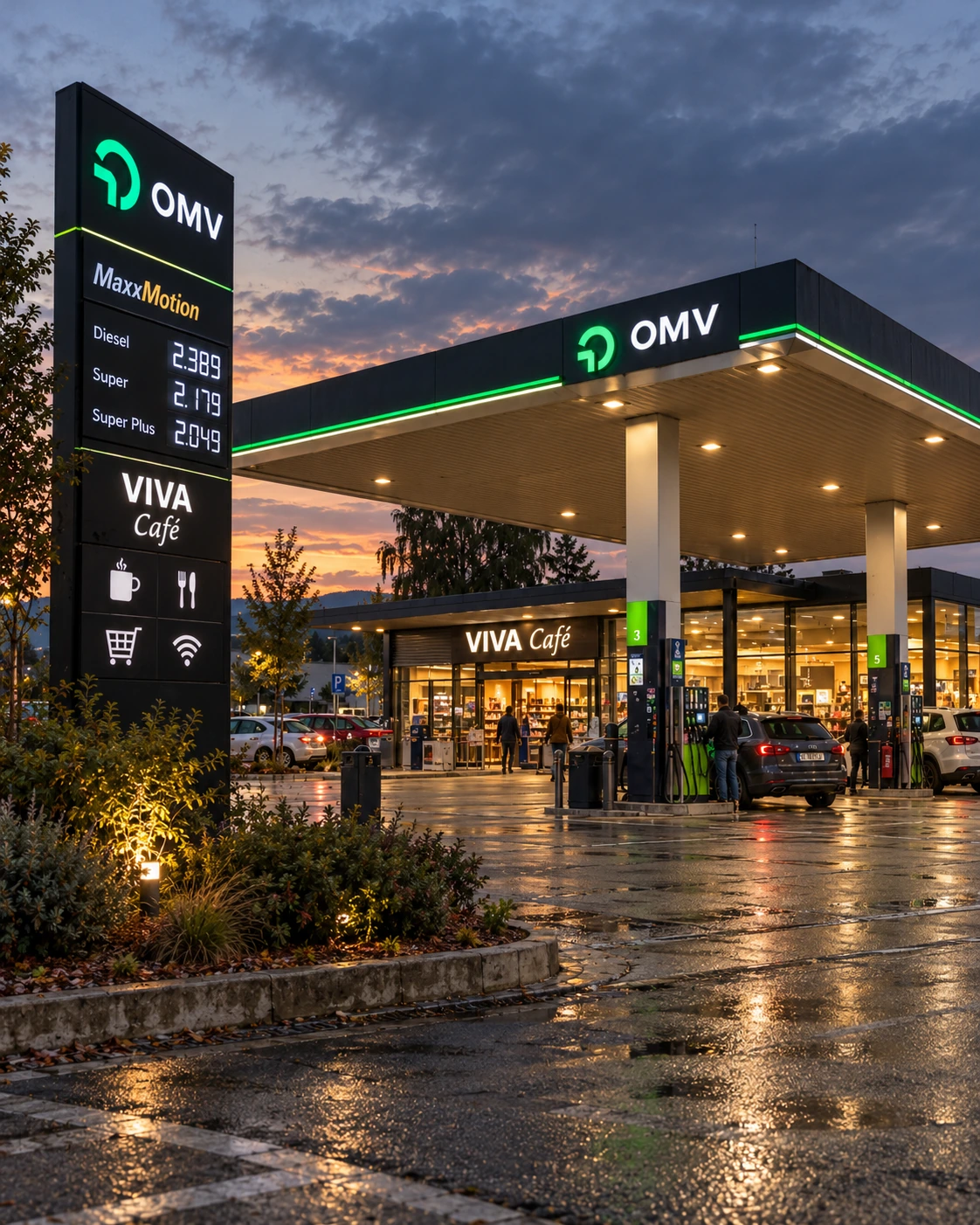 Architekturaufnahme einer modernen OMV Tankstelle mit VIVA Café und Shop