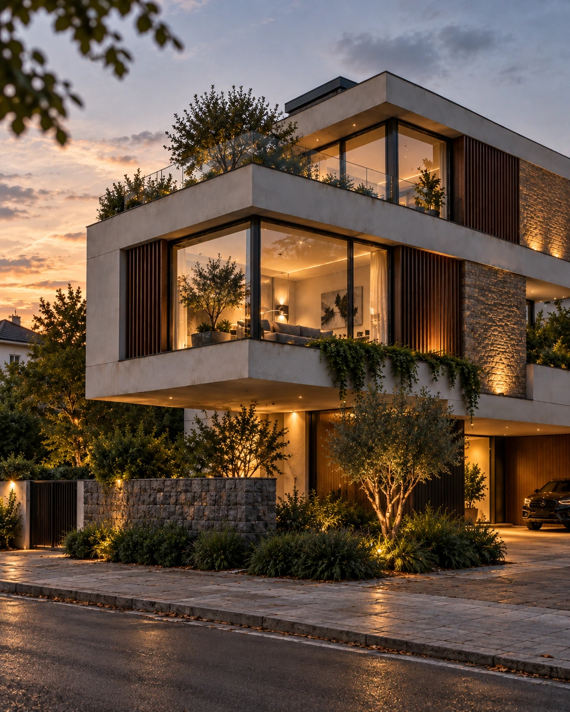 Architekturaufnahme einer modernen Luxusvilla bei Abendstimmung