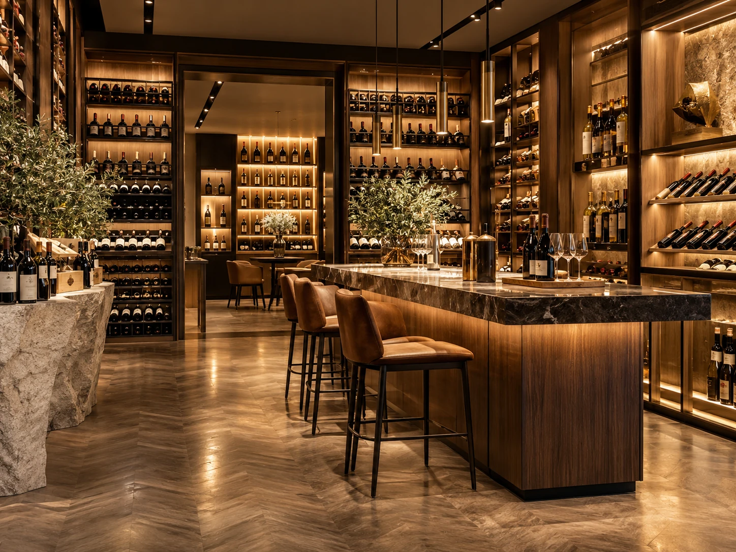 3D Innenvisualisierung einer exklusiven Weinboutique mit Degustationsbereich